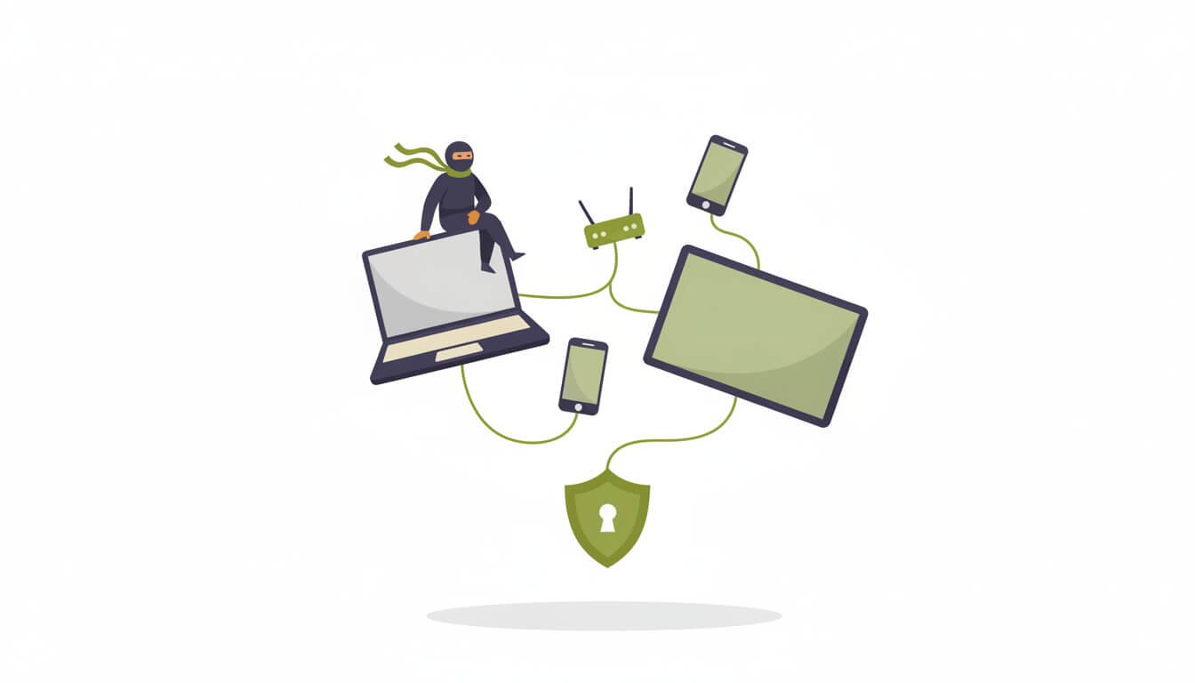 Ноутбук, смартфон и роутер подключены к AdGuard VPN